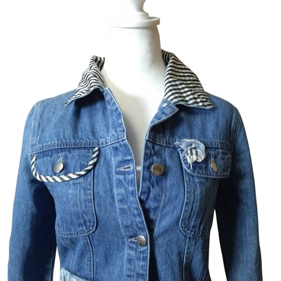 Samantha Sipos Women’s XS  Embroidered Girls Blue Gingham Distressed Jean Jacket - Picture 2 of 7